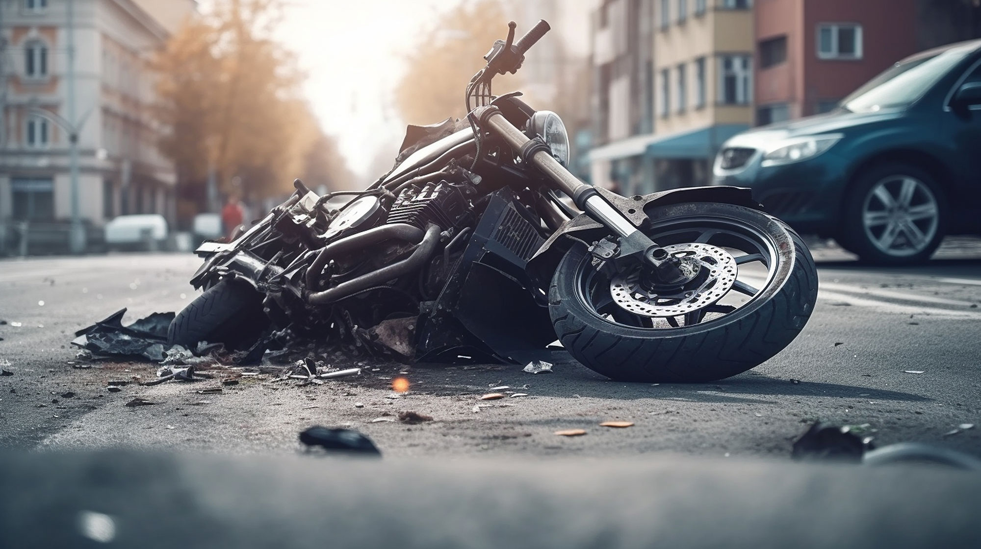 A motorcycle laying in the middle of the road on its side after a motorcycle accident in the Philadelphia area