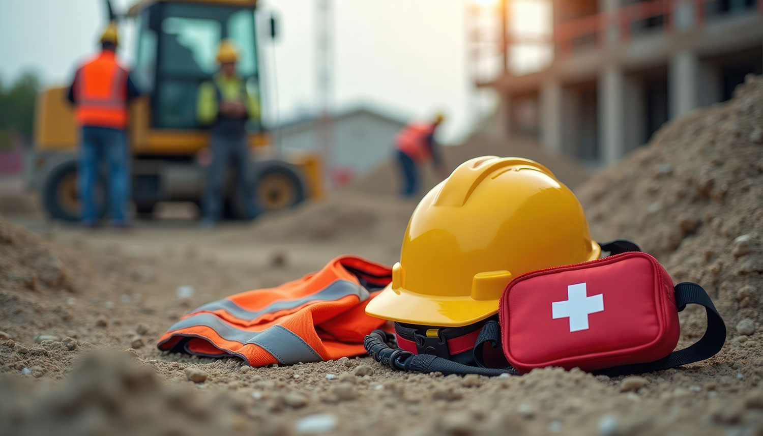 A construction hat, vest, and a first aid kit representing construction accidents