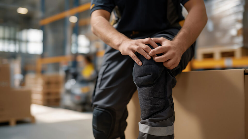 A man in a Philly-based warehouse massaging his knee due to a workplace injury